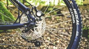 Close-up of a bike wheel on a bike trail